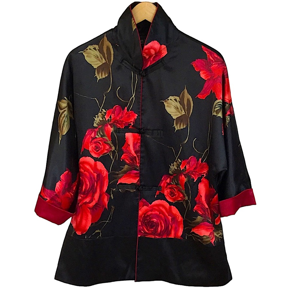 VINTAGE sz S/M Kimono Robe Asian Floral Silky Black Red